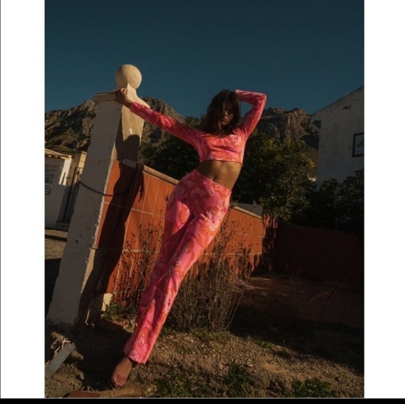 Zara Pink Orange Floral Print Jacquard Crop Top Pants 2 Piece Set small - Picture 7 of 14